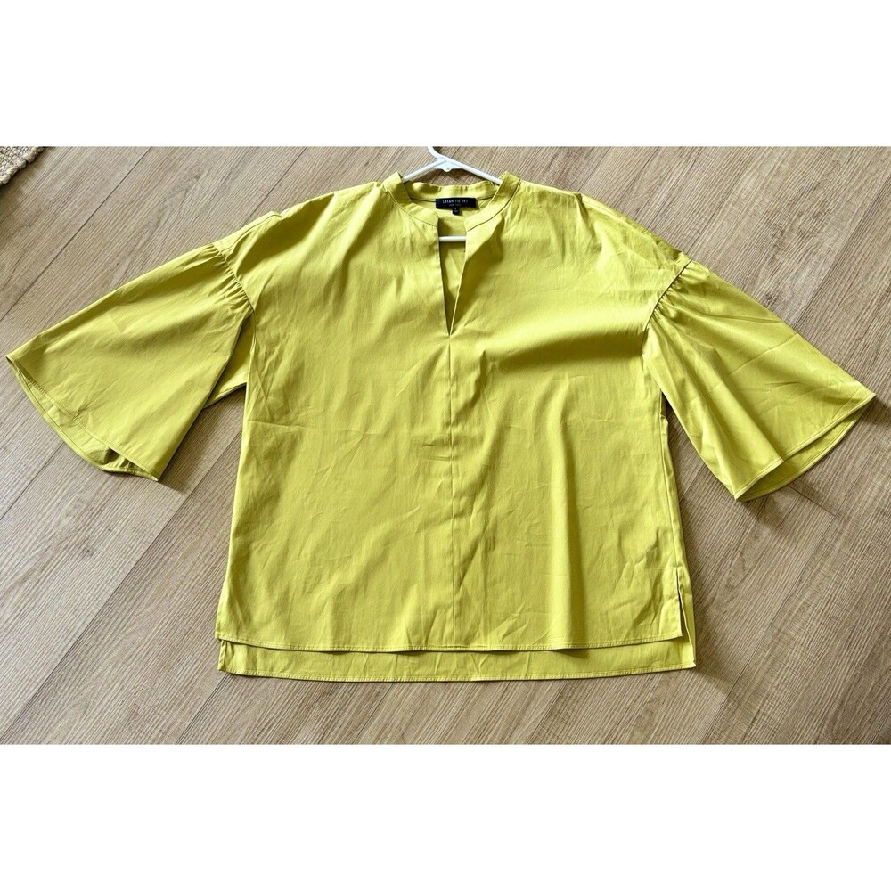 Lafayette 148 Easy Poplin Cotton Top Chartreuse Blouse Business Casual VNeck SzL
